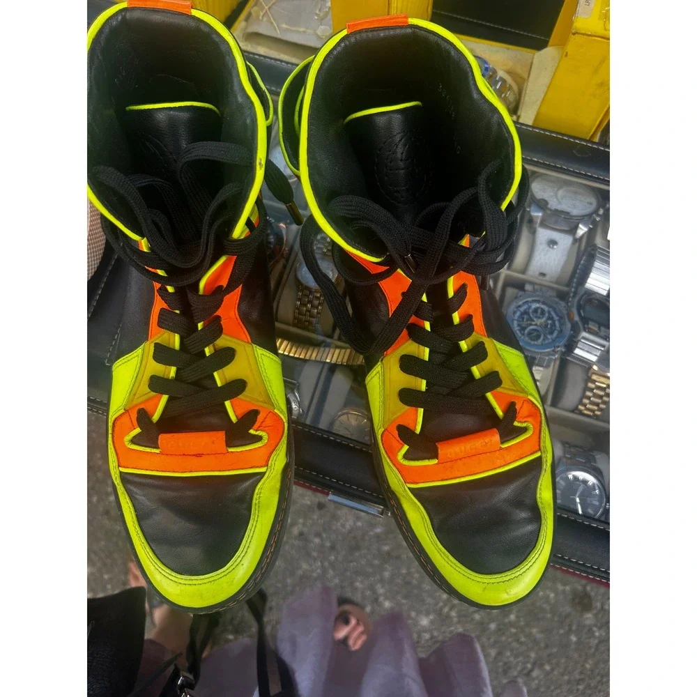 Gucci Coda High Top Sneakers Black Leather Neon Yellow Orange 386738 Mens 8.5G